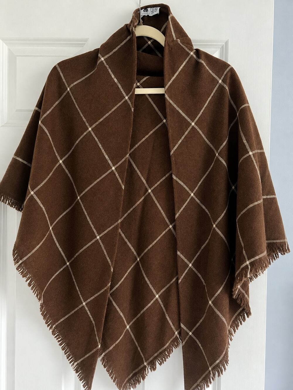 Vintage 70s John Meyer Wool Plaid Shawl Wrap Brown Windowpane Fringe Made USA